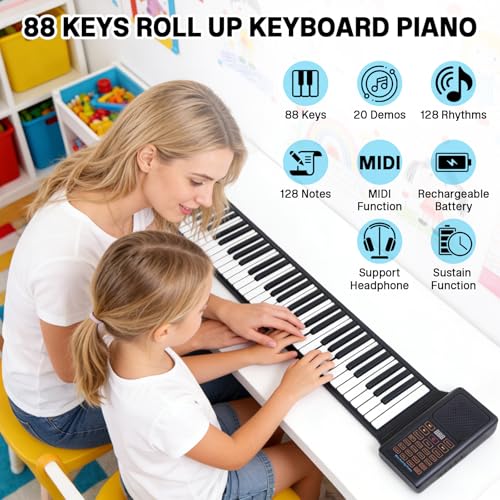 CISSIYOG 88 Tasten Roll Up Keyboard Piano, Keyboard Klavier faltbar mit 128 Rhythmen & 128 Tönen & 20 Demos, E-Piano mit MIDI-Bluetooth & Fußpedal für Erwachsene Kinder Anfänger