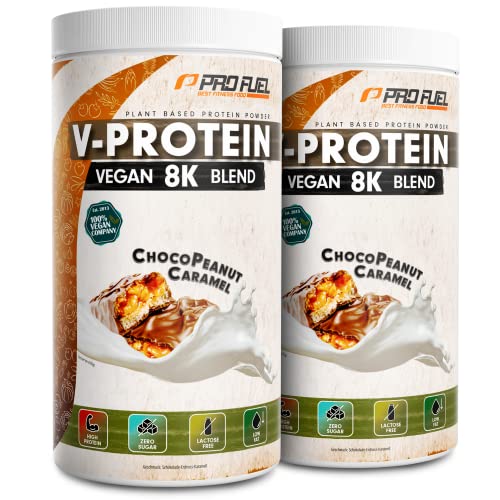 Vegan Protein Schokolade-Erdnuss-Karamell 2x750g - V-Protein 8K Blend, unglaublich lecker & cremig, mit Protein aus Sonnenblume, Reis, Erbse, Hanf, Kürbis uvm. - pflanzliches Proteinpulver, 73% Eiweiß