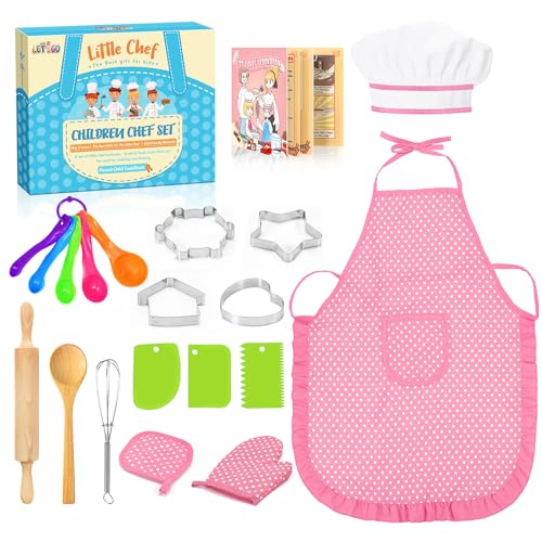 Image of Toyze Birthday Gifts for 3-8 Year Old Girls Cute Stuff Apron for Girls Kids Cooking Sets Toddler Toys Kids Chef Hat and Apron Easter Christmas Stocking Stuffers White-with Cookbook