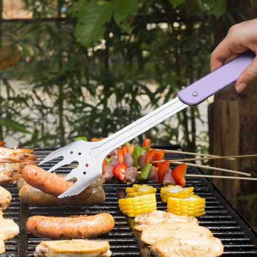 Image of ROXON S601 14 inch 6 in 1 MBT3 Folding Grill Utensils Set Fork Spatula Grilling Knife Tongs Opener for Backyard Barbecue and Camping (Purple)