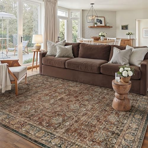 PureCozy Area Rug 6x9 Beige Washable Non-Slip Lightweight Floral Vintage Distress Print Rug for Living Room Low Pile Soft Throw Indoor Carpet for Office College Dorm Laundry Dining Room Bedr