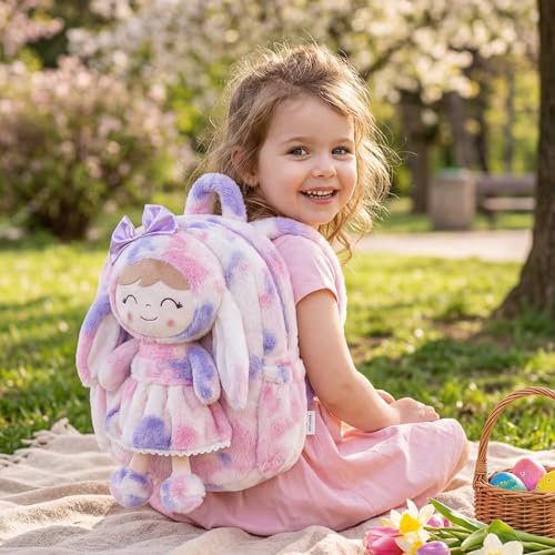 Image of Gloveleya Back to School Gifts for Girls Backpack Plush Diaper Bag Detachabale Doll Tie-dye Purple and Soft Rabbit Design Aged 2+