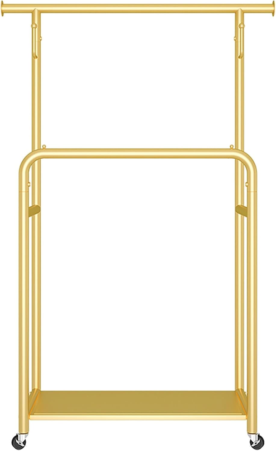 頑丈なダブルロッド洋服ラック、キャスター付き、ポータブルメタルガーメント、丈夫なゴールドコートを掛ける、寝室用、120cm (47.