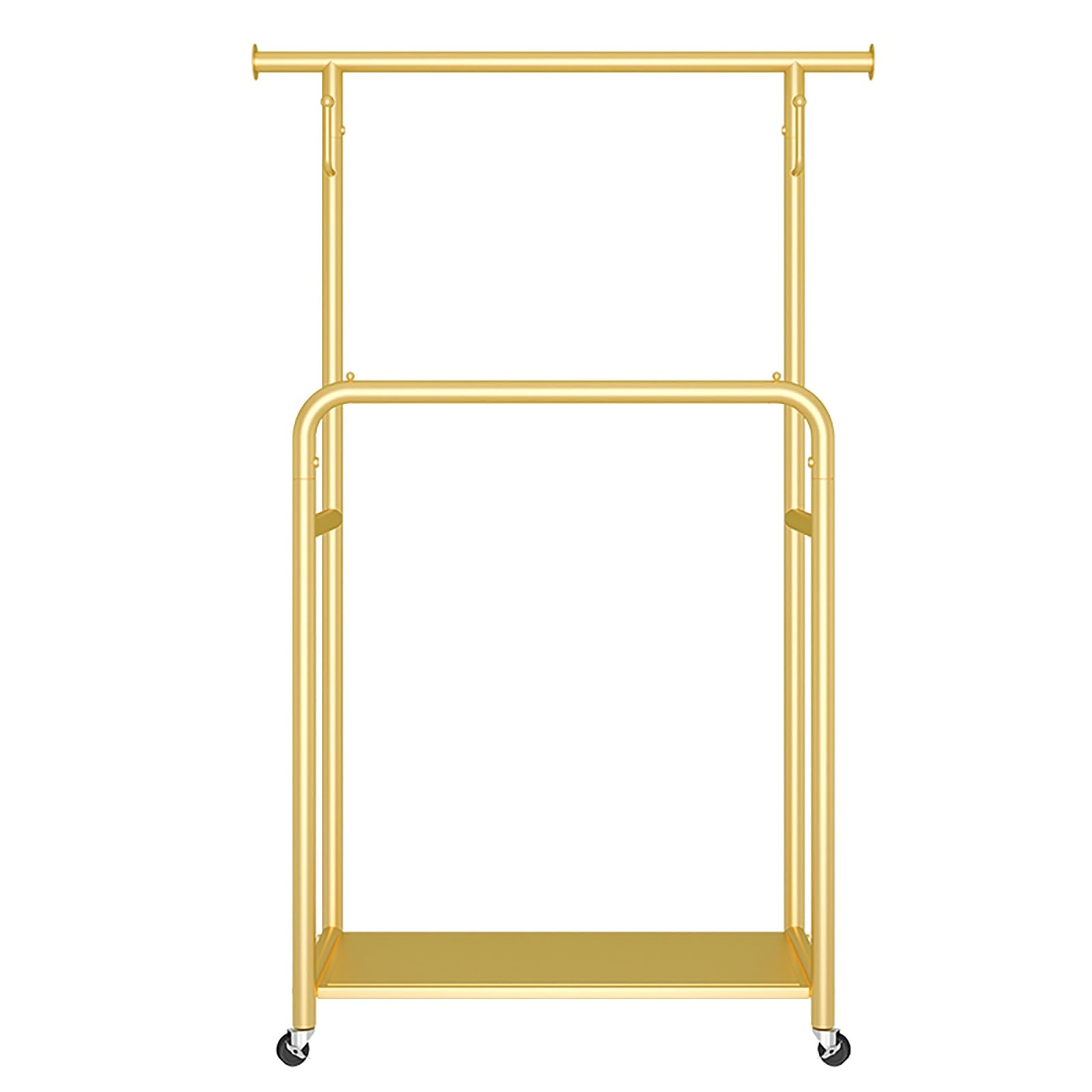 YNBSHGAA Portable Double Rod Garment Rack on Wheels Sturdy Metal Coat Hanger Gold Finish 120 cm for Bedroom Ideal for Heavy Coats and Jackets,Gold-80cm/31.5in