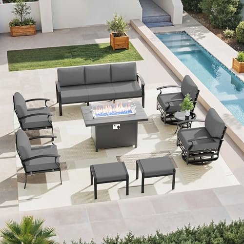 Image of Aluminum Patio Furniture Set with Fire Pit Table, 9 Seats Outdoor Patio Conversation Sets with Swivel Chair Modern Metal Sectional Sofa with Upgrade Cushions for Patio, Backyard - Grey