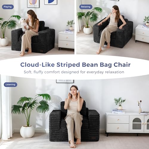 Image of MAXYOYO Bean Bag Chair with Pillows, Floor Sofa with Armrests and Support, Plush Foam Filled Lounge Chair for Adults, Cozy Bean Bag Couch for Living Room, Bedroom, Apartment, Black