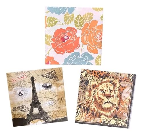 ペーパーナプキン 3種類 各5枚入 15枚入 紙ナプキン デコパージュ素材 アソート ハンドメイド 花柄 フラワー ローズ 薔薇 オレンジ ブルー エッフェル塔 アンティーク調 ライオン柄 アニマル柄