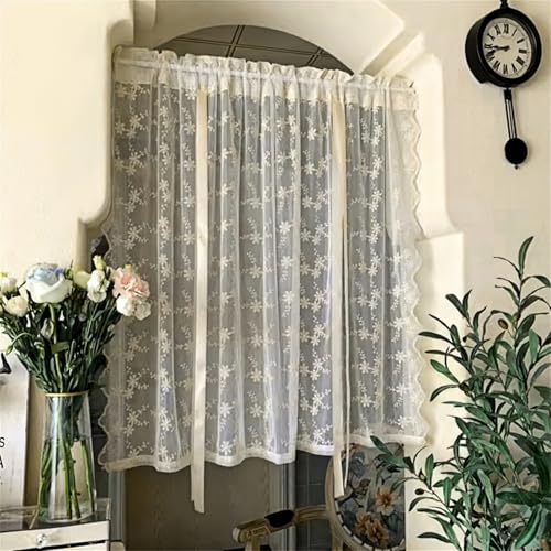 Ivory Embroidery Floral Sheer Curtain Tie Up Balloon Curtain Shade for Kitchen Bathroom Tulle Farmhouse Valance Rod Pocket Voile for Living Room Small Window 1 Panel Width 55 x 39 inches Length