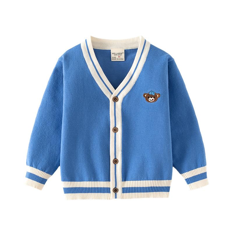 Toddler Kids Contrast Color Cardigan Embroidered Sweater Cotton Knit V-Neck Outerwear Casual Relaxed-Fit Jacket