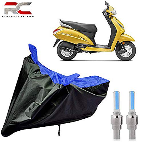 Image of Riderscart 100% Water Proof Scooty Cover for Honda Activa i Two Wheeler Cover with Universal Tyre Light Blue Fancy Light Tail Light Plastic (Blk Cover with T Light) (Black Blue)