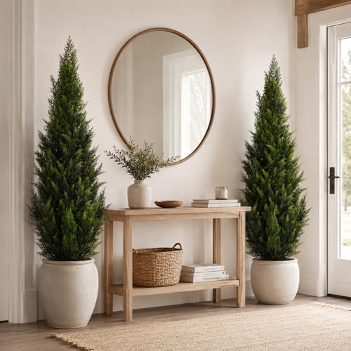 Image of Artificial Cedar Topiary Trees, 4 FT UV Resistant Faux Boxwood Plants,Front Porch Decorations Outdoor,Realistic Evergreen Cypress for Patio Decor Set of 2