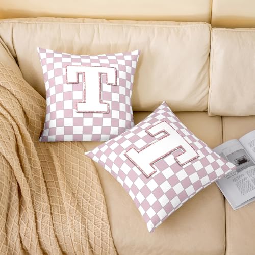 Image of Erosebridal Pink Initial T Throw Pillow Covers 20x20 Set of 2 Kawaii Plaid Checkered Cushion Cover Cute Personalized Monogram Throw Pillow Case for Bed Couch Sofa Fashion Grids Gingham Home Decor