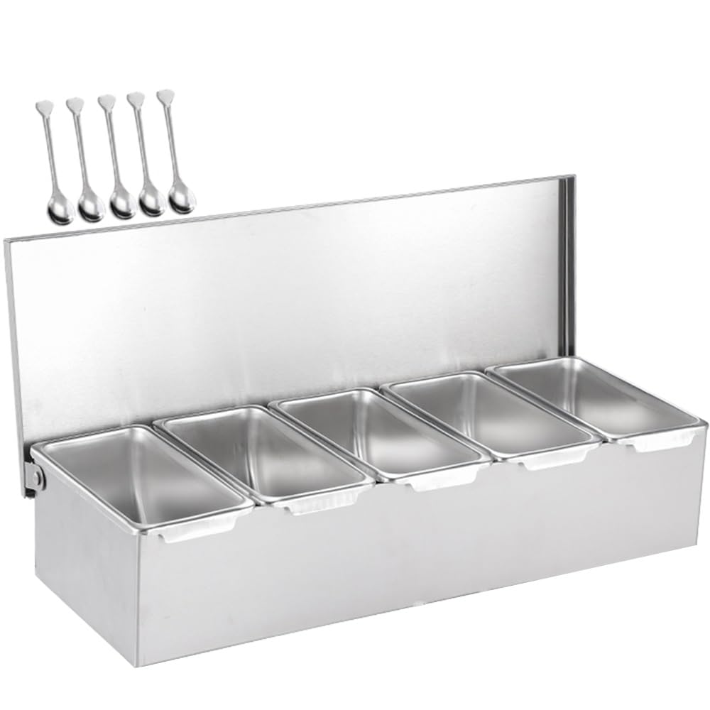 Aserzenith 50X18.5x14.5cm Commercial Spice Rack Set, Stainless Steel Condiment Racks With Pans And Lids, Countertop Dispenser Spice Rack For Seasoning Sauce Salad Jam Ingredients, Food Container,