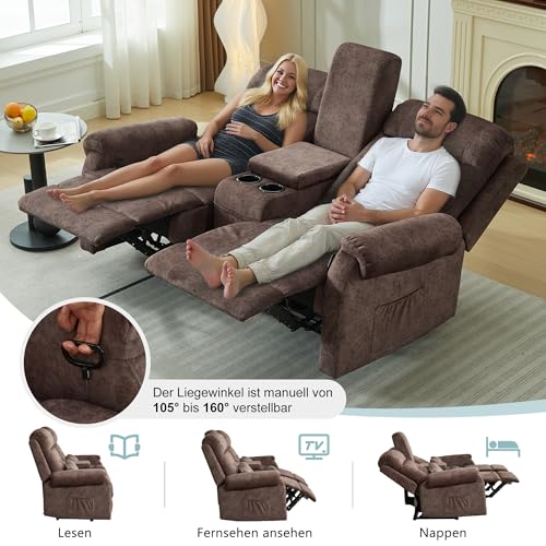 SITURAY Zweisitzer Relaxsessel mit Liegefunktion Fußteil, Manuell Verstellbar 2 Sitzer Fernsehsessel Doppel TV Sessel, 2er Samt Stoffbezug Kinosessel mit Konsole für Wohnzimmer,bis 360 kg (Braun) – Bild 6