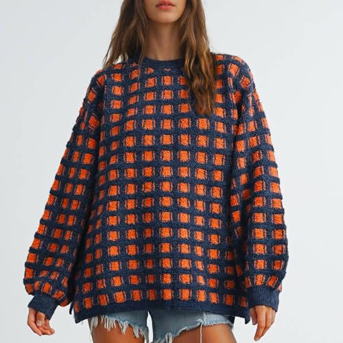 Hixiaohe Oversized Checkered Sweater for Women Trendy Pullover Sweaters Casual Long Sleeve Ribbed Knit Tops Fashion Clothes4