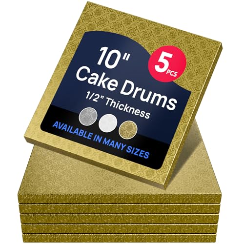O’Creme Cake Board, Gold Foil Square Cake Drum with Gorgeous Design, Sturdy & Durable 1/2” Thick Cake Drums, Square Cake Boards 10” x 10” Inch, Pack of 5 Disposable Cake Drums