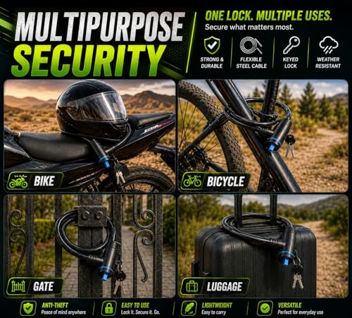 Image of KAIDAA Anti Theft Cable Lock for Cycle, Bike, Scooty & Helmet | 12mm Waterproof Steel Cable Lock with 2 Keys | Heavy Duty Multipurpose Advanced Security Lock [1mtr]
