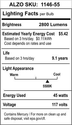 ALZO 45W Joyous Light® Full Spectrum CFL Light Bulb 5500K, 2800 Lumens, 120V, Pack of 4