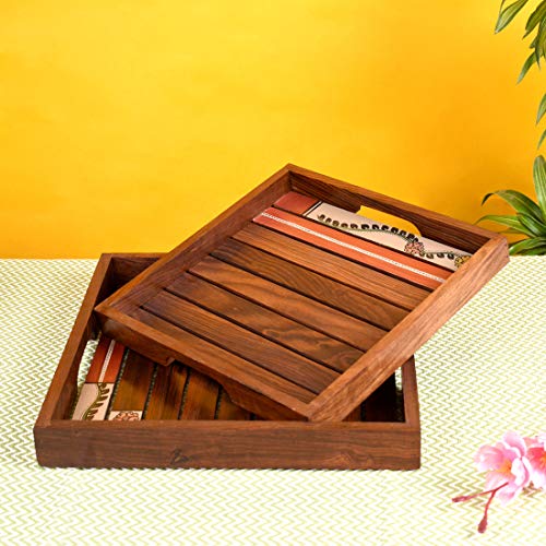 Image of AAKRITI ART CREATIONS Rosewood Tray Set of 2 | Handcrafted Floral Art | Natural Brown Wooden Trays & Platters with Handle | Matte Finish Home Trays | Trays for Dining Table & Kitchen Organizer