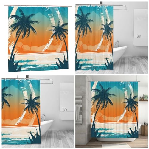Rideau de douche en polyester plage tropicale lavable et imperméable avec ses crochets de bain - 2