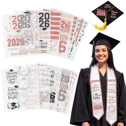Gueevin 16 Sheets Graduation Stole Sash Iron on Heat Transfers-Class of 2026 Customize DIY Personalized Iron on Patches Black Rose Gold Graduation Vinyl HTV Decals Letters Patterns Cutouts for Stoles