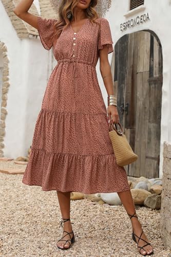 PRETTYGARDEN Summer Floral Dress for Women 2025 Casual Boho Short Sleeve Maxi Dresses V Neck Tiered Flowy Beach Sundress