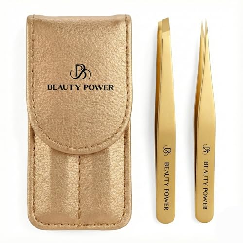 Beauty Power Professional Tweezers Set – Slant & Point, Ultra Precision German Stainless Steel Tweezers for Eyebrows, Chin, Ingrown Hair & Facial Grooming – Lightweight with Travel Case (Matte Gold)
