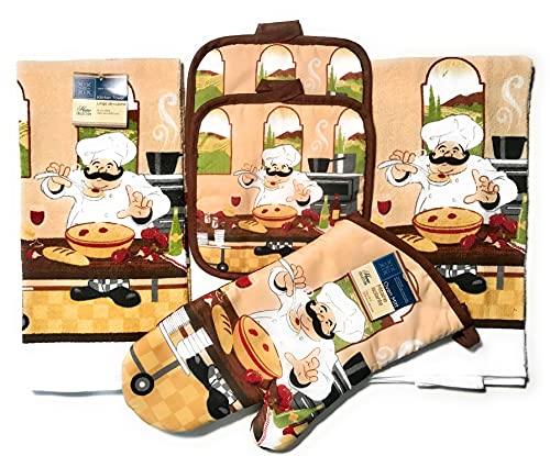 Home Collection Italian Soup Chef 5 Piece Towel Set - 2 Towels - 2 Pot Holders 1 Oven Mitt