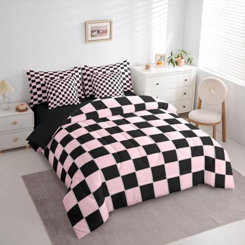 Image of Erosebridal Plaid King Comforter Set with Sheets 7 Piece Pink Black Checkerboard Bed in A Bag Geometric Checkered Bedding Sets for Kids Adults,Aesthetic Grids Bed Set