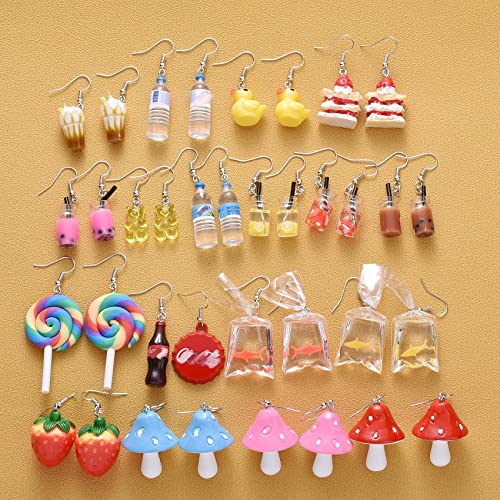 Hibijou 18 Pairs Cute Earrings Weird Earrings Set Mushroom Goldfish Water Bottle Gummy Bear Dangle Aesthetic Earrings Bulk - Image 3