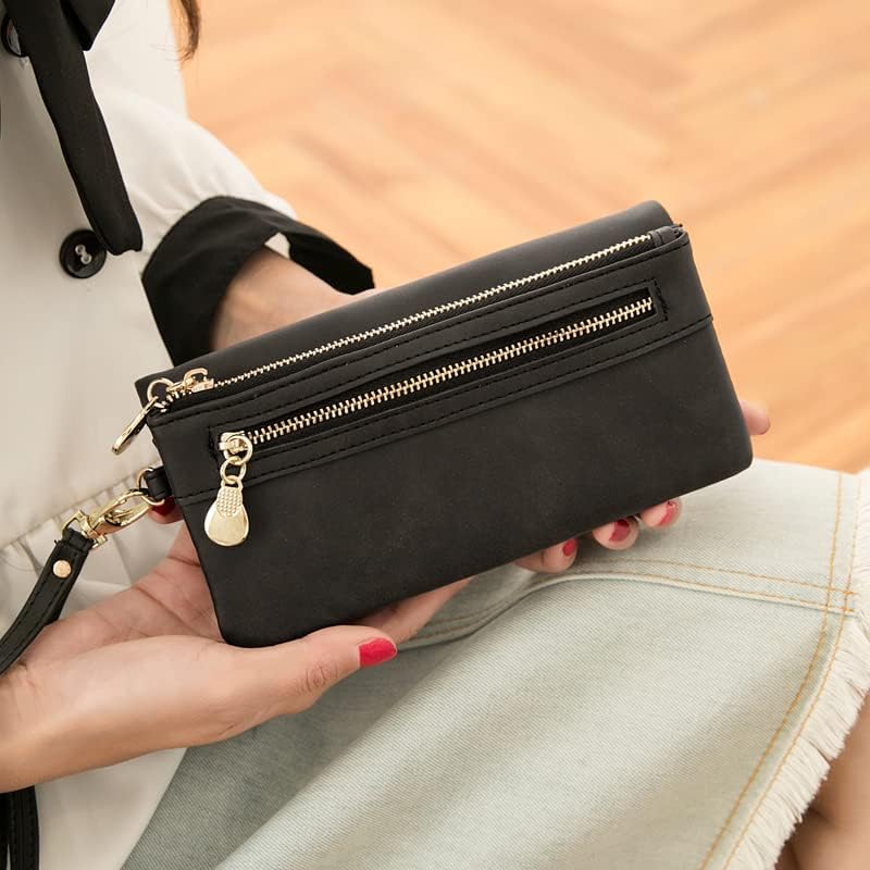Hanaso Women Wallet Soft Leather Ladies Purse Multiple Card Slots Large Capacity Zipper Clutch Bag with Wrist Strap (Black)