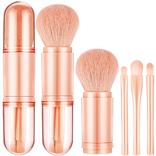 2 Pieces Travel Makeup Brush Set 4 in 1 Portable Travel Lip Brush, Brush, Eyeshadow Brush, Foundation Blending Powder Brush Retractable Mini Facial Cosmetic Makeup Brush Set (Pink)