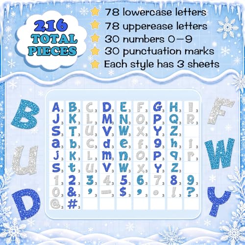 Image of Colarr 216 Pcs Glitter Bulletin Board Letters for Classroom Number Alphabet Punctuation Symbol Cutout 4'' Die-Cut Poster Letter with Adhesive Dot School Party Holiday Decor Display(Winter Color)
