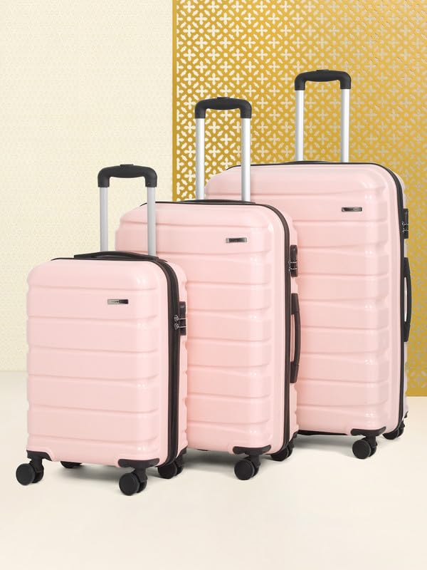 Image of Teakwood Small-Medium-Large 8 Wheels Trolley Bag, Hard Cabin with Zipper Closure, Adjustable Push Button & Cross Side Strap, TSA Lock System 360 Degree (Set of 3, Rose)