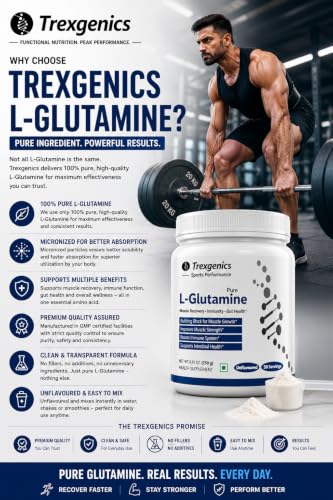 Image of Trexgenics L-GLUTAMINE Pure Powder (50 Servings) Muscle Building Block for Strength & Growth, Leaky Gut Health, Immunity (250 gm) (Pack of 1)
