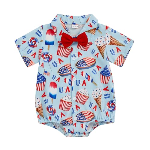Image of Vicaankue Newborn Baby Boy 4th of July Outfit Dress Shirt Bodysuit Button Down Short Sleeve Bowtie Romper One Piece Outfit