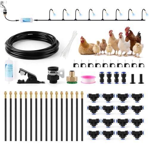 Kalolary 60FT Chicken Coop Misting Cooling System with 16 Adjustable Brass Nozzles(8mm) Complete DIY Poultry Cooling Kit with Filter Accessories Summer Heat Relief for Coop Garden Greenhouse