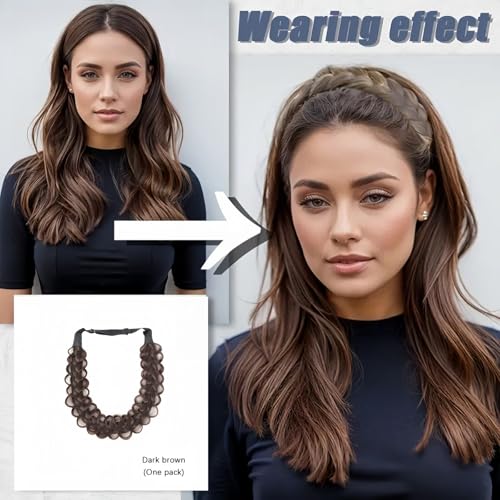 Hair Braid Headband,Messy Wide 2 Strands Synthetic Hair Braided,Elastic Synthetic Twist Front,Fluffy Braids Wig Band for Women and Girls,Head Bands Adult Women,Brown Headband,Classic(Dark Brown)