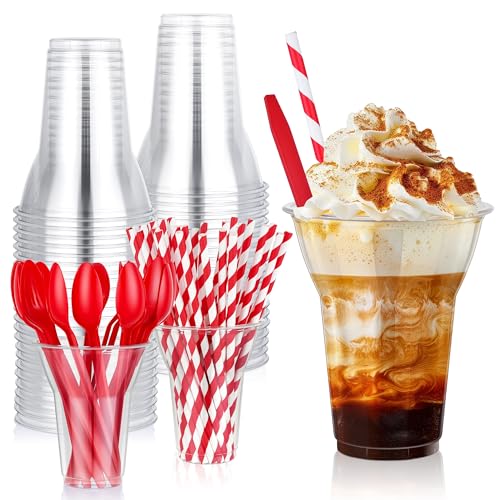 tchrules 50 PCS 12oz Plastic Parfait Cups with Spoons & Paper Straws Disposable Root Beer Float Cups for Party Clear Crystal Dessert Cup for Milkshake Ice Cream Sundae Cold Drinks Christmas Supplies