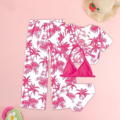 Girl's 4 Piece Swimsuits Tropical Print Halter Bikini Set Kids Bathing Suits with Kimono Cover Up Pants Beach Swimwear3