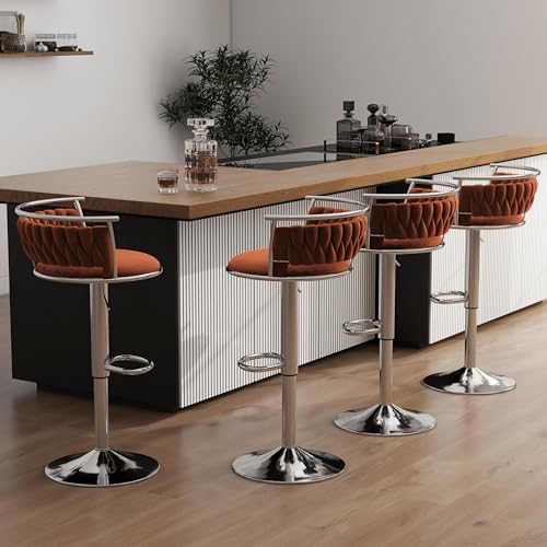 Butacos giratorios de 360°, set de 4 unidades, altura ajustable para barra, sillas modernas tapizadas en terciopelo con estructura metálica plateada, para isla de cocina o comedor (naranja) miniatura 3