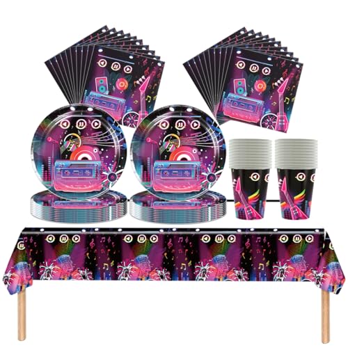 Fuwraixis Vajilla para fiesta de Disco, 61 piezas Música Vajilla de cumpleaños, Discoteca retro Juego de platos de papel para fiesta, Incluye vasos, servilleta y mantele