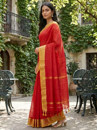 Image of Cotton Silk Sarees with zari border l Solid color cotton silk sarees for women l Bengal Handloom cotton sarees.