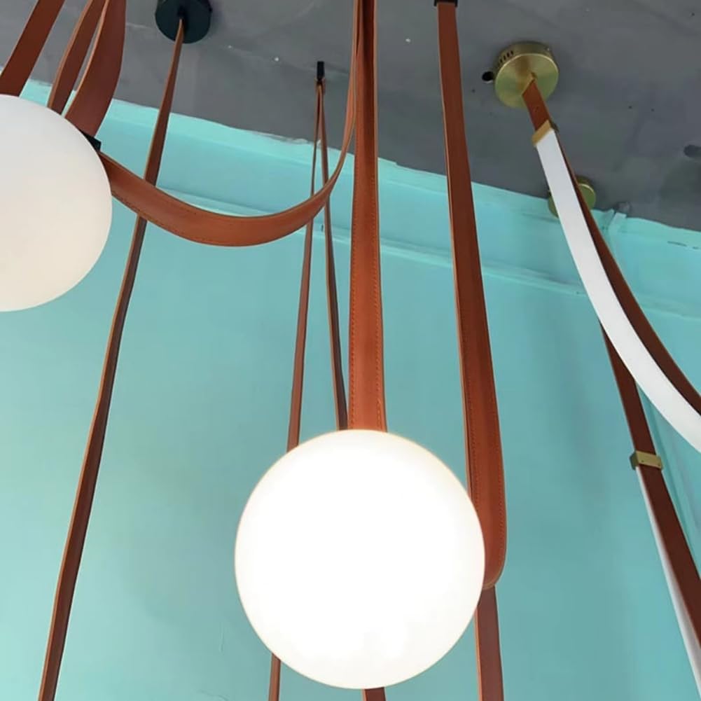 Nordic White Glass Globe Chaner High Ceiling Mid-Century Modern Long Chaner DIY Spider Pendant Light Off Center Light Fixture with Belt Leather Chain for Living Room (Brown 3 Lights) (Brown 5 Lights)
