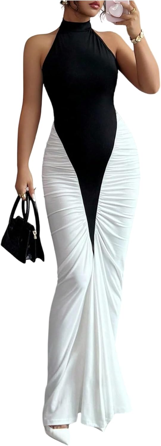 GORGLITTER Women's Halter Maxi Dress Ruched Bodycon Formal Birthday Evening Elegant Wedding Guest Cocktail Dresses