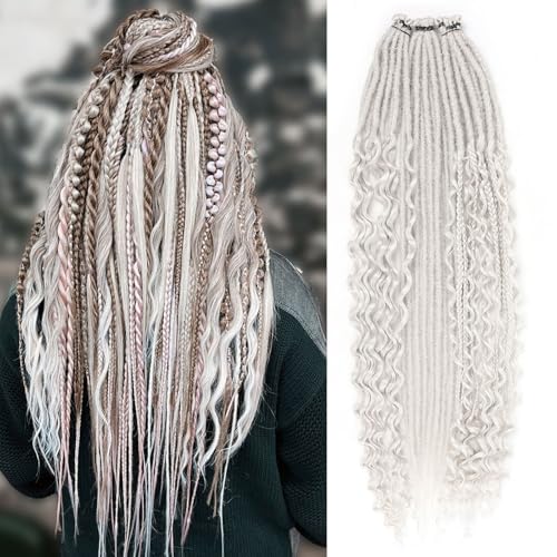 Silver Grey Dreadlock Extensions,30 Strands 24 Inch Single Ended 3 Styles(Straight&Curly&Boho Mixed)