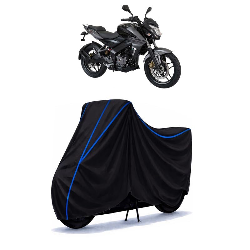Image of Bajaj Pulsar 200 NS FI BS6 Bike Cover Water Resistant Universal Motorcycle Rain | Heavy Duty UV Protection, Dust, Scratch Indoor Outdoor All Weather with Black Blue Piping Elastic