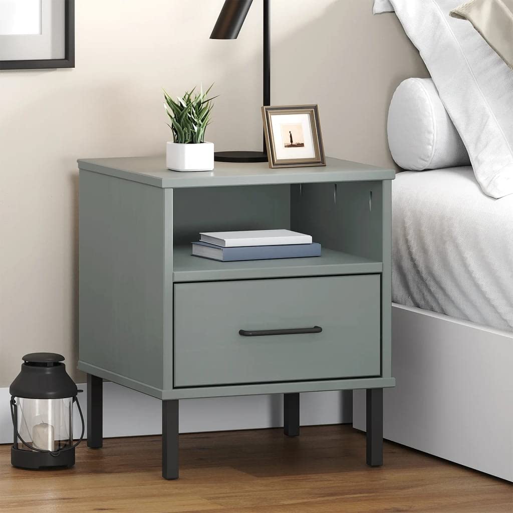 Table de chevet Oslo en bois massif et métal gris de qualité