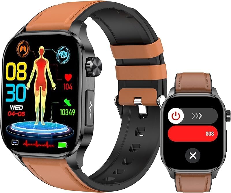 Generic ET580 Smart Watch with brown strap, displaying health metrics and an SOS screen.