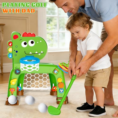 4-in-1 Basketballkorb und Fußballtor Spielzeug für Kleinkinder, Babyspielzeug mit Golfspiel und Ringwurfspiel, Dinosaurier-Spielzeug für 1 2 3 jährige Jungen und Mädchen mit Licht, Sound und Musik